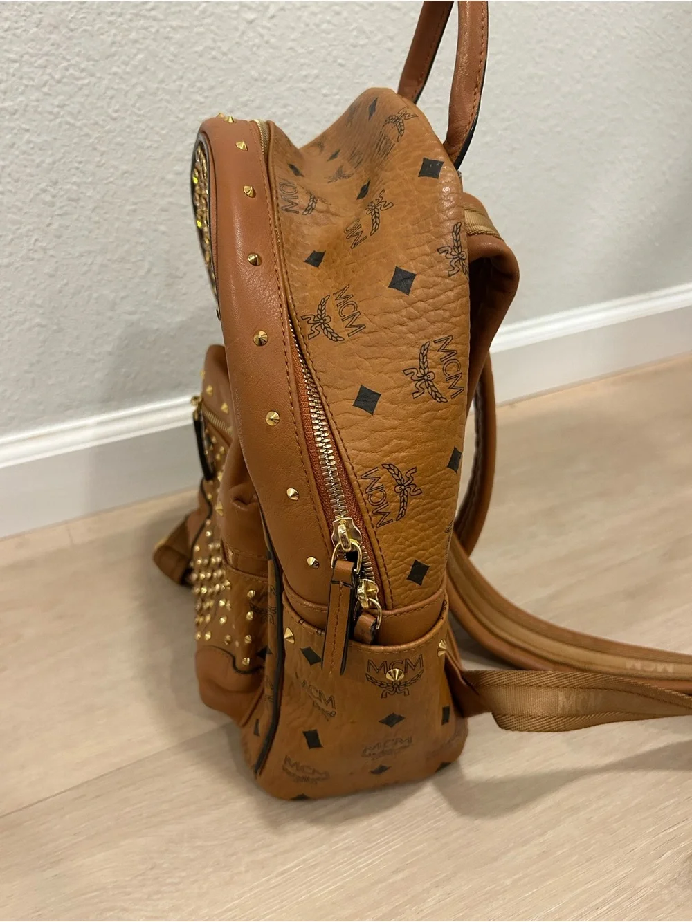 MCM Tan Visetos Studded Mini Backpack with Gold Hardware